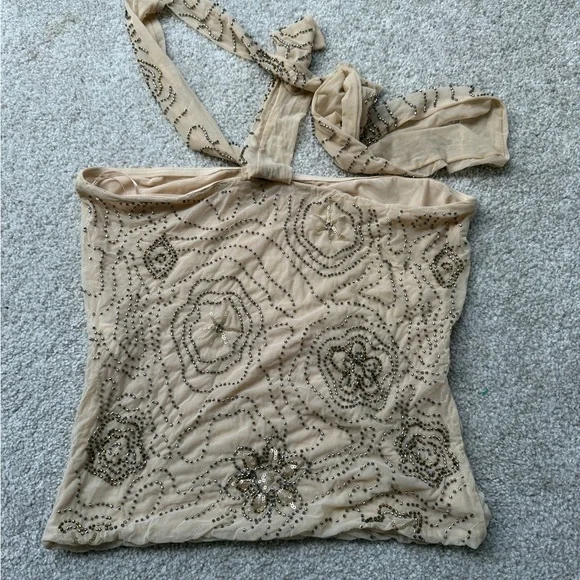 Zara Beige Tan Brown Beaded Floral Tube Top Blouse With Neck Scarf Large - Picture 4 of 4